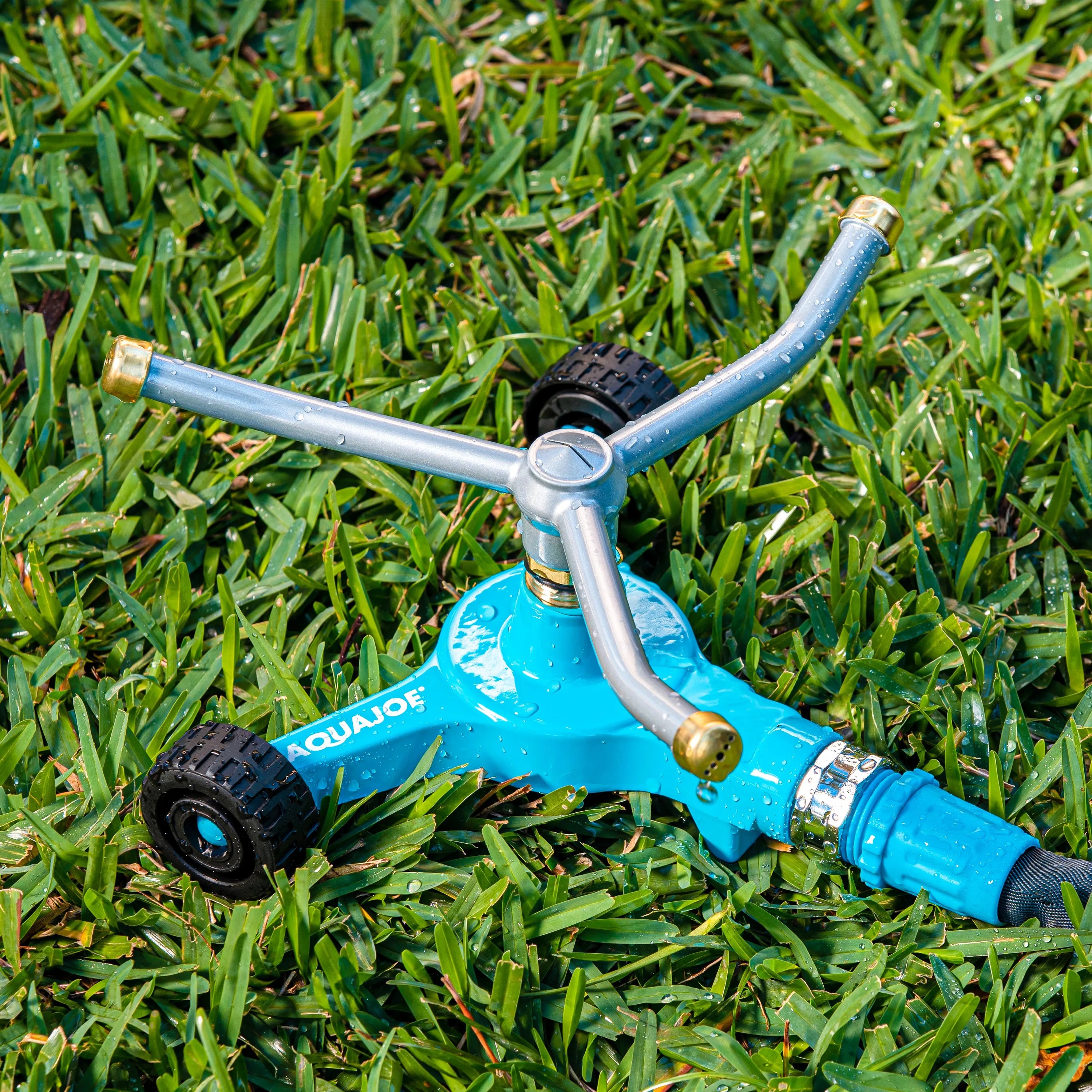 Aqua Joe AJ-TRSWB Indestructible 3-Arm Zinc Rotary 360° Sprinkler | Wheeled Base | 1,390 Sq. Ft. Max Coverage