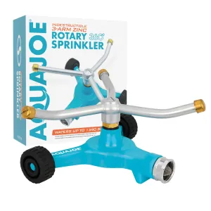 Aqua Joe AJ-TRSWB Indestructible 3-Arm Zinc Rotary 360° Sprinkler | Wheeled Base | 1,390 Sq. Ft. Max Coverage