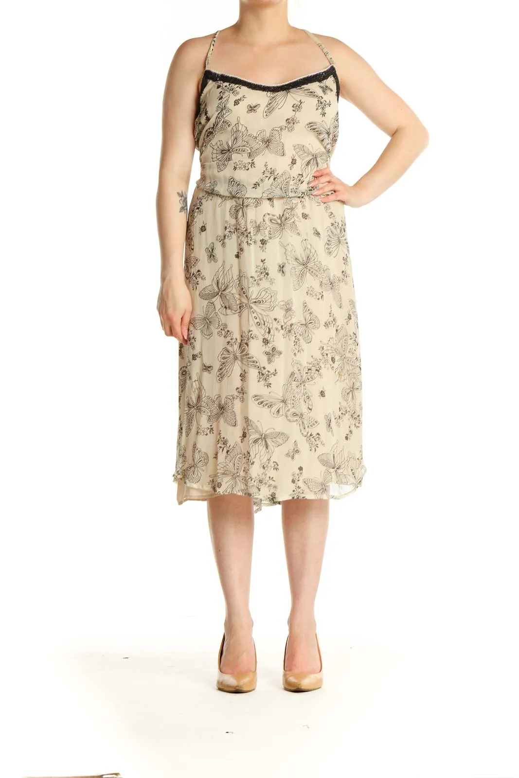 Beige Printed Holiday Fit & Flare Dress