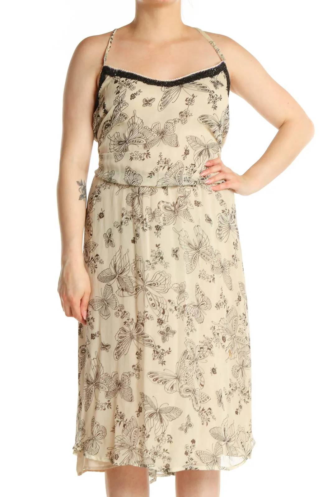 Beige Printed Holiday Fit & Flare Dress