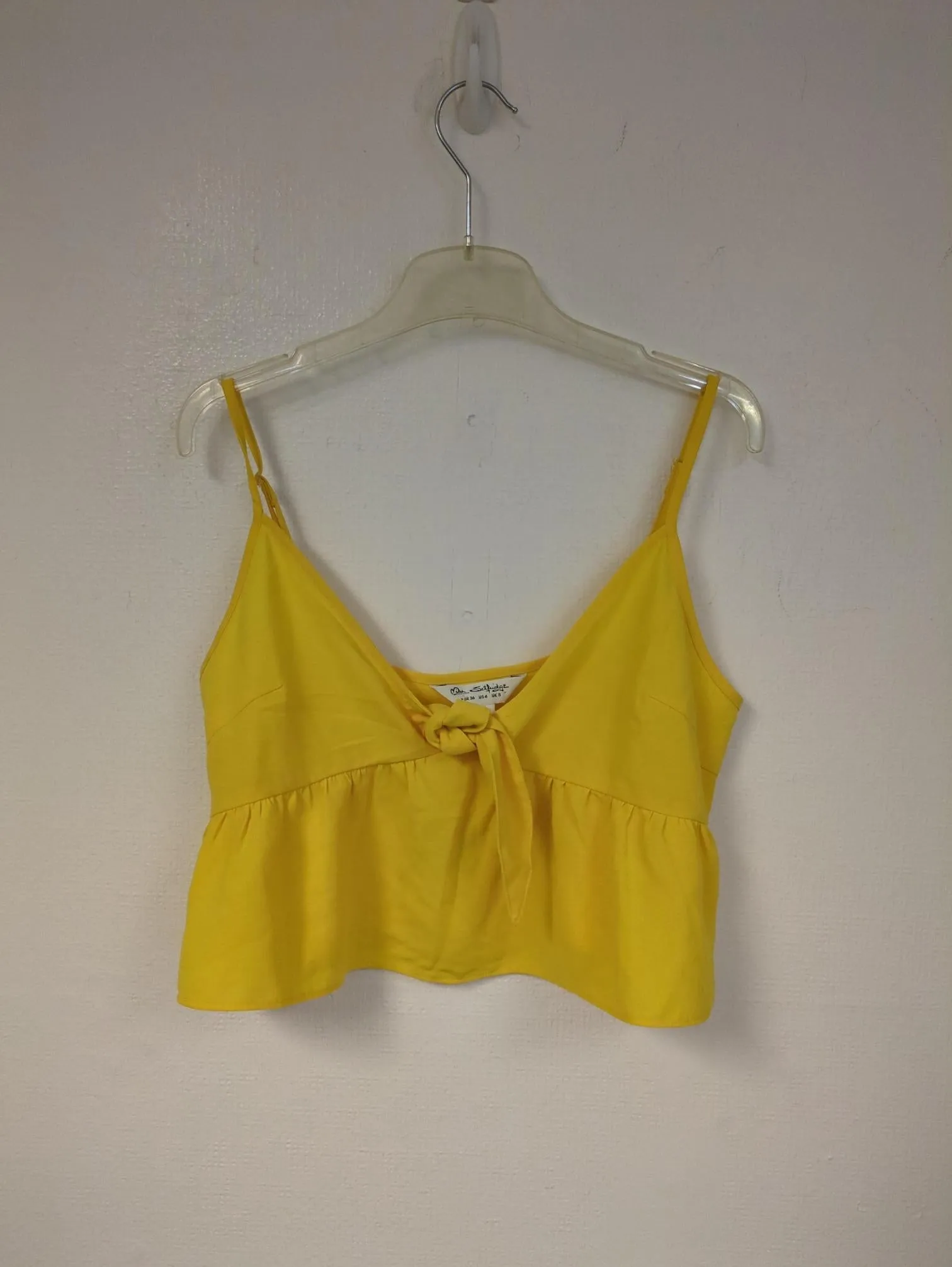 Bight yellow front tie crop top, Miss Selfridge, Size 8 (Polyester)