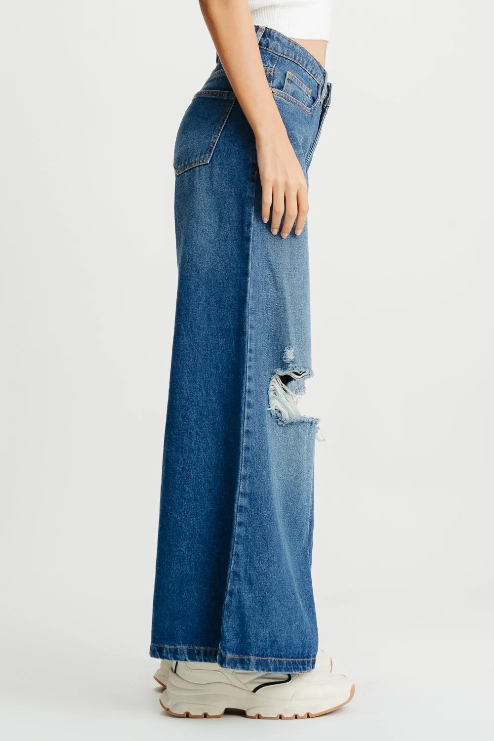 Blue Distressed Wide Flare Jeans