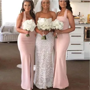 Elegant Halter Mermaid Front Slit Jersey Blush Long Bridesmaid Dresses Online, BG761