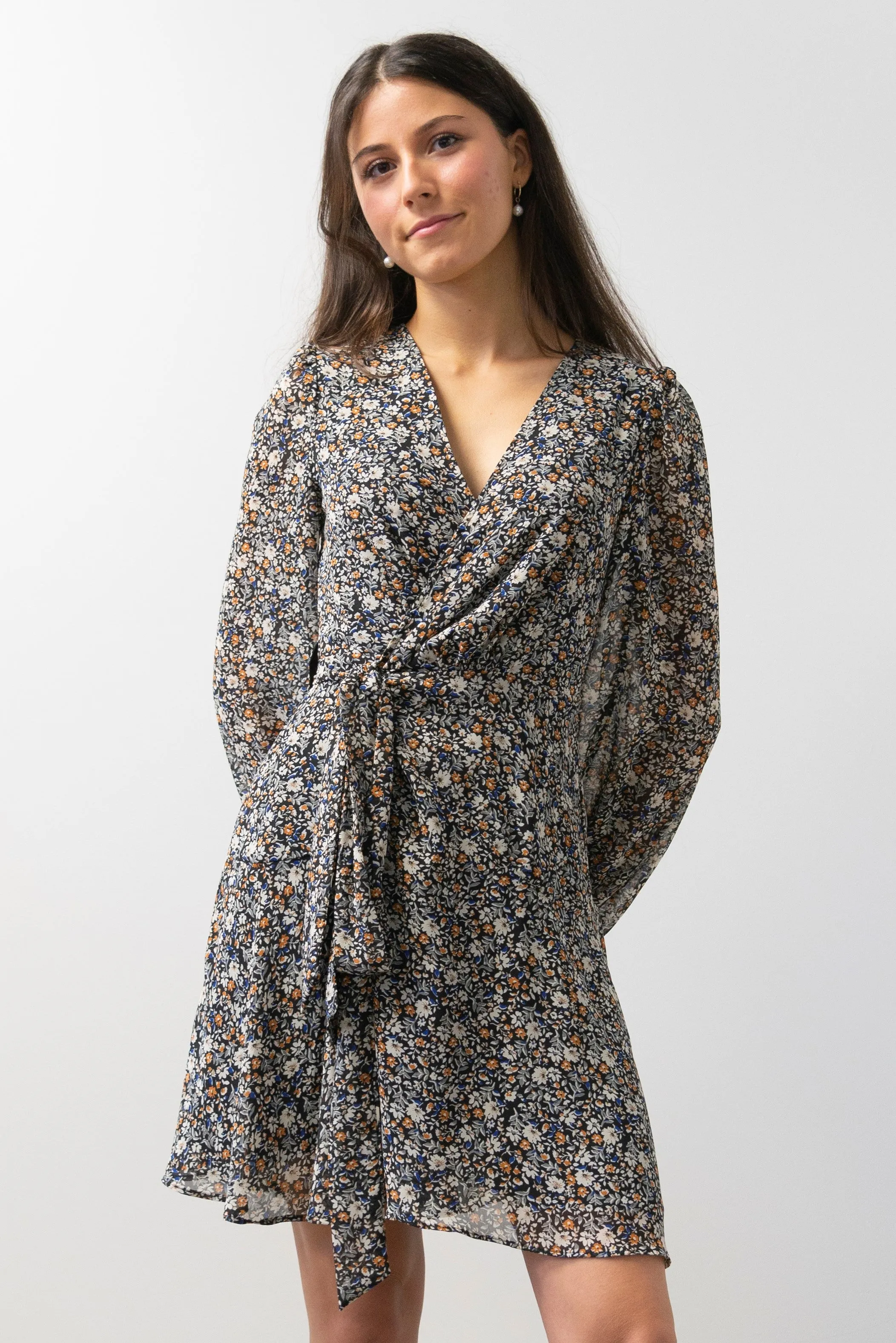 Fresh Take Black Ditsy Floral LS Wrap Dress