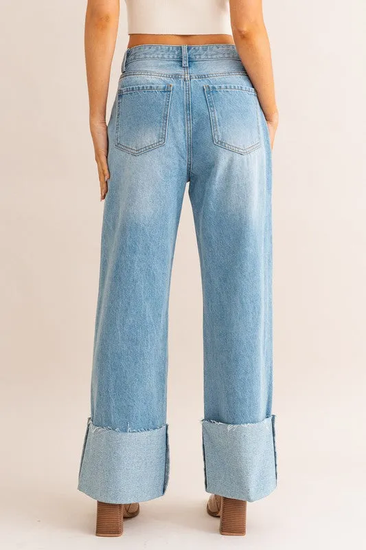 High Waisted Wide Leg Cuffed Jeans