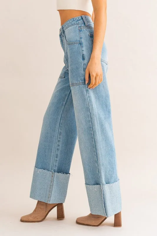 High Waisted Wide Leg Cuffed Jeans