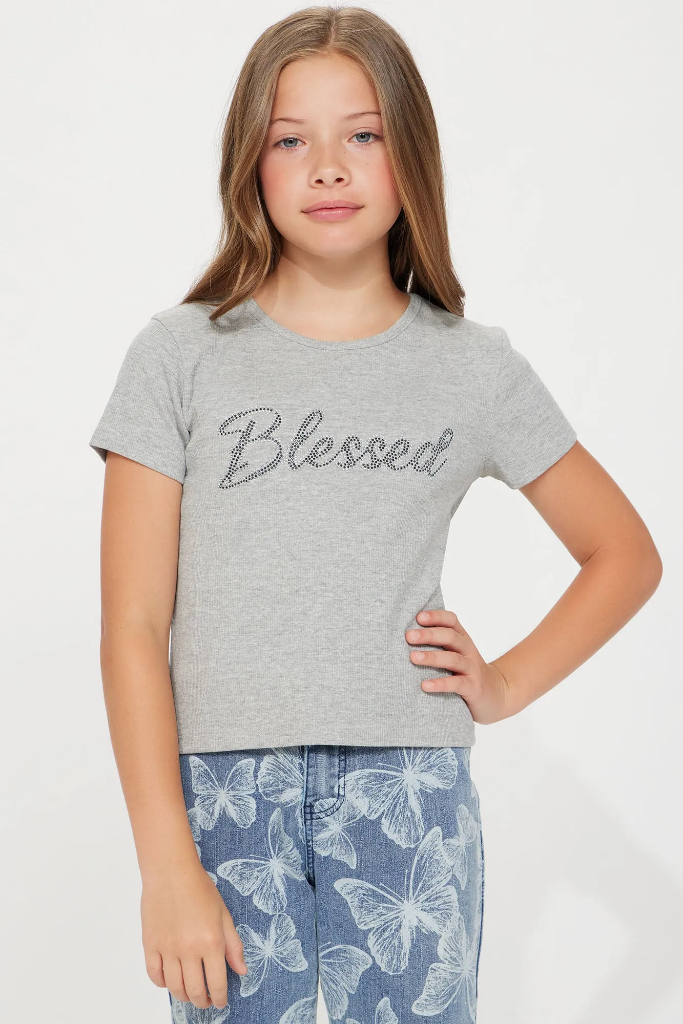 Mini Miss How It Is Rhinestone Tee - Grey