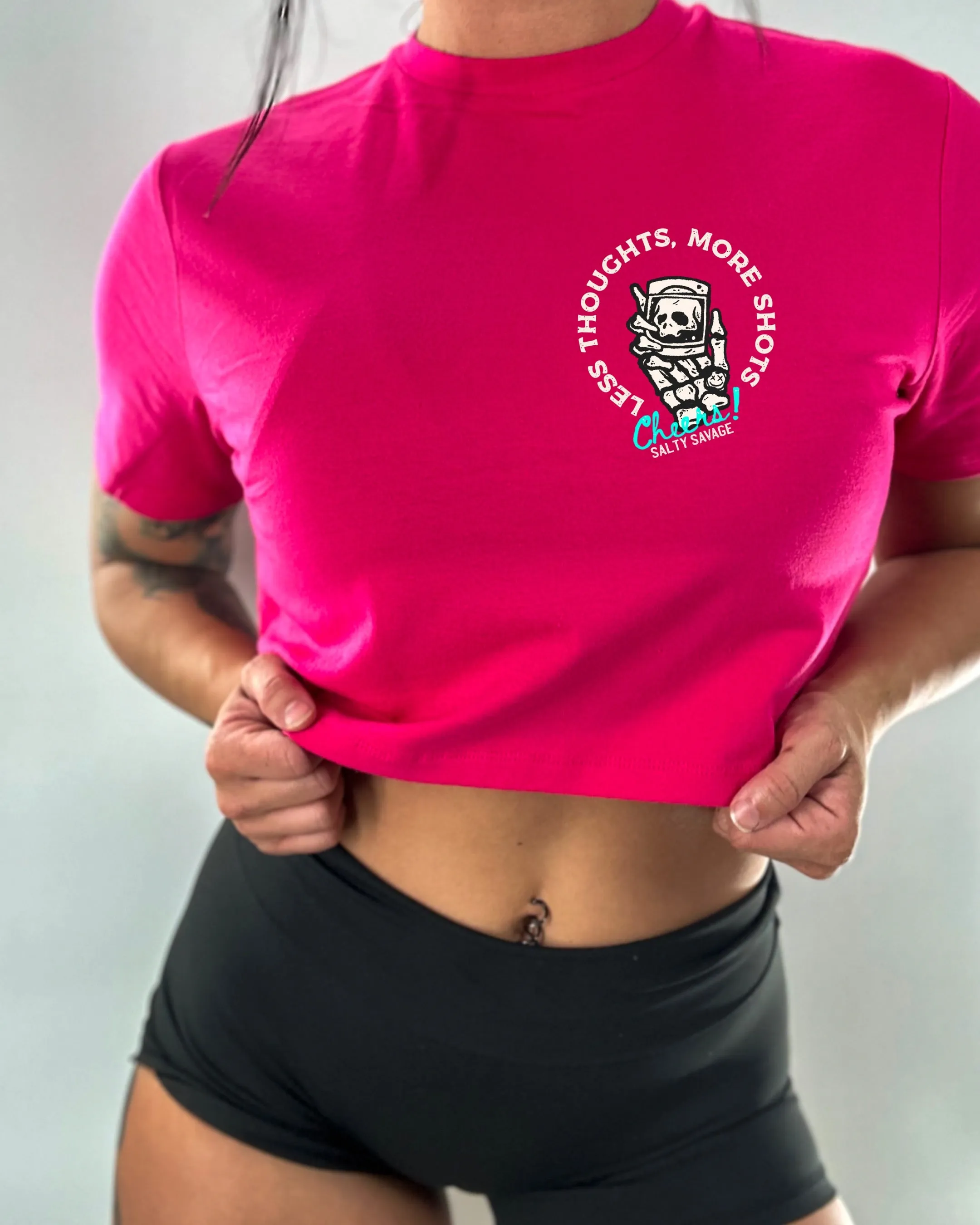 Salty Savage Ladies "LESS THOUGHTS, MORE SHOTS" Performance Crop Tee | Basic