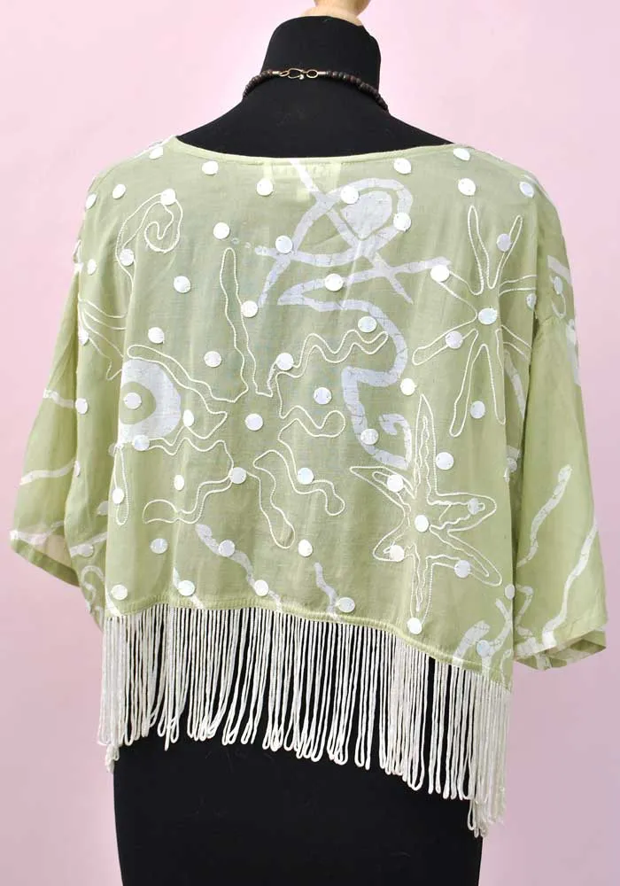 Vintage 80s Green Indian Cotton Kimono Top with Fringe • Boho Hippy