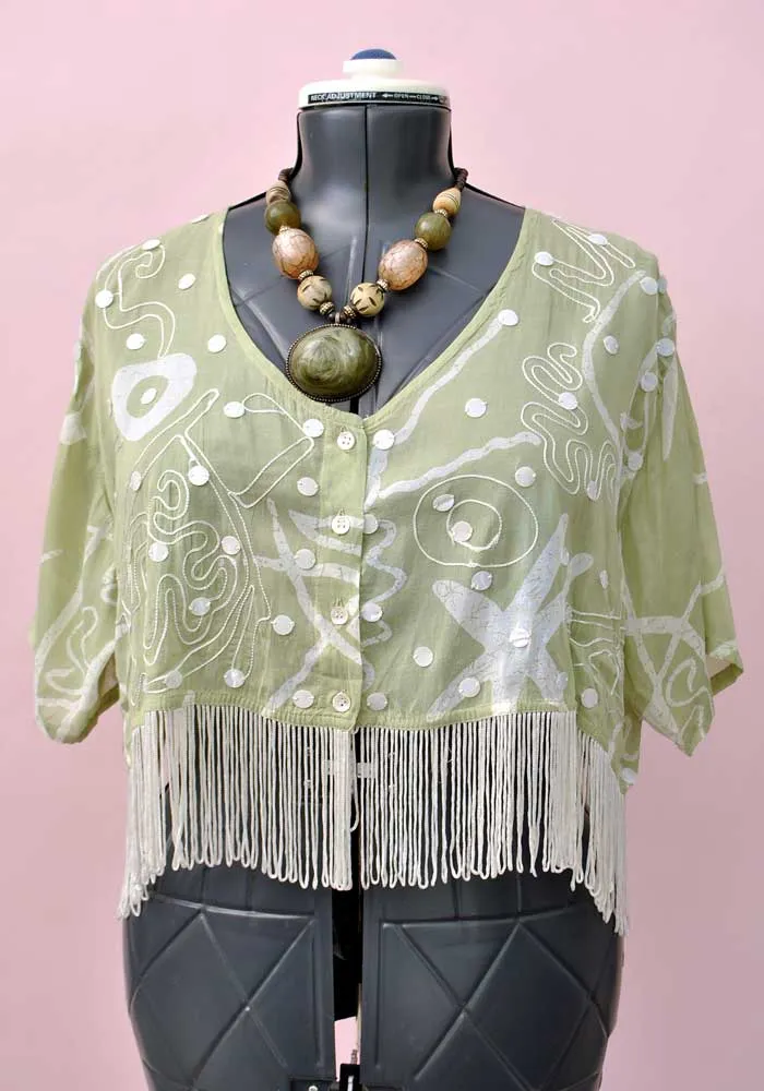 Vintage 80s Green Indian Cotton Kimono Top with Fringe • Boho Hippy