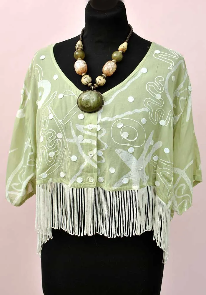 Vintage 80s Green Indian Cotton Kimono Top with Fringe • Boho Hippy