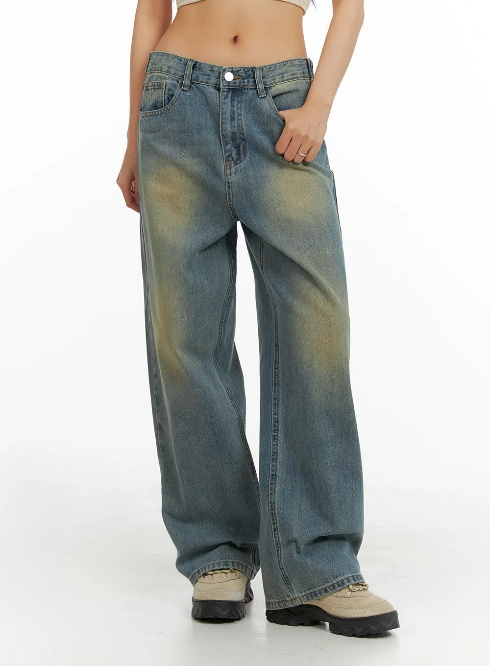 Washed Denim Wide Leg Jeans IA417